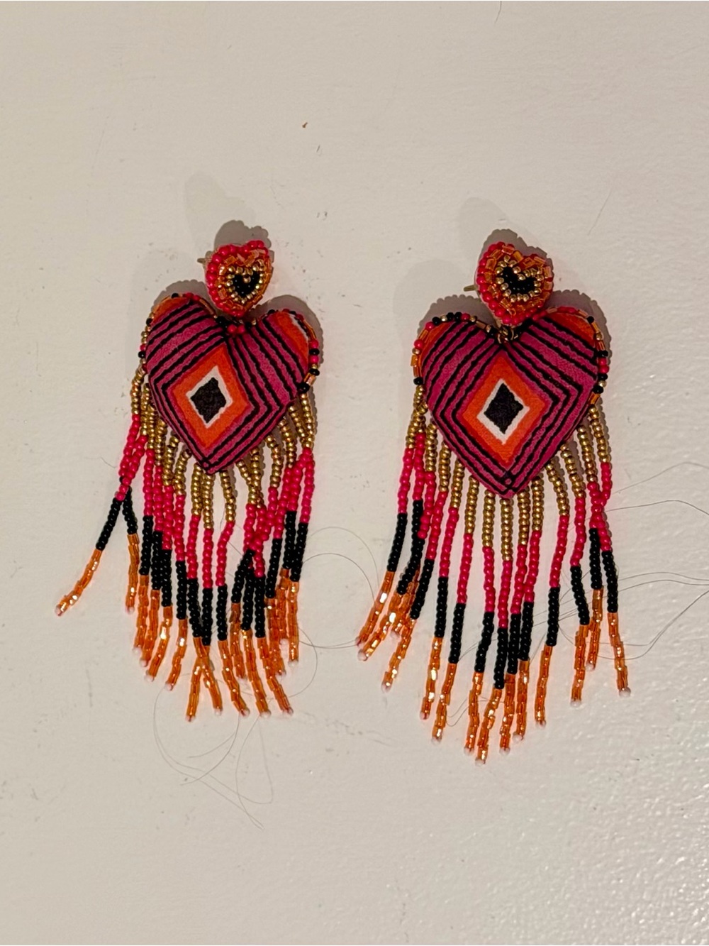 Handcrafted Beaded Heart Fringe Earrings - Pink & Orange
